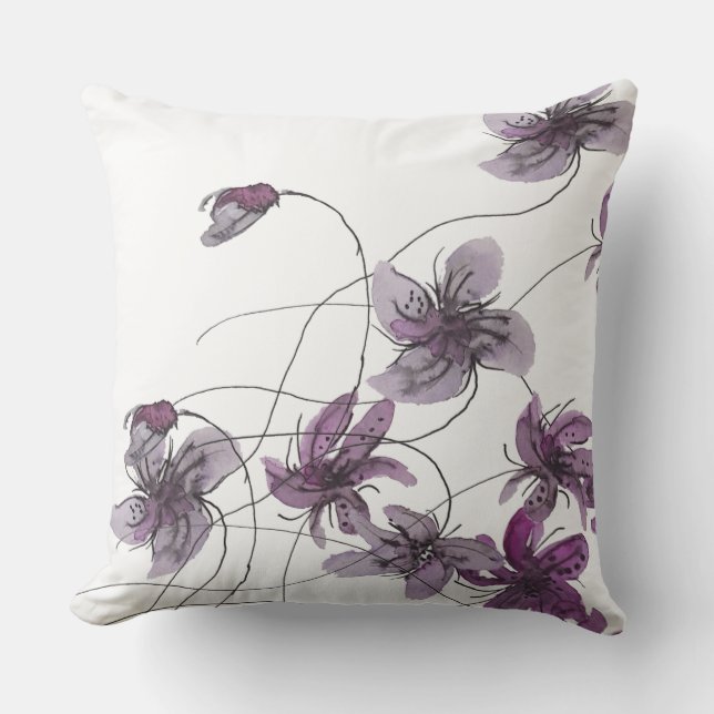 Wild Violets Boho Floral Watercolor Hand-painted Cushion (Front)