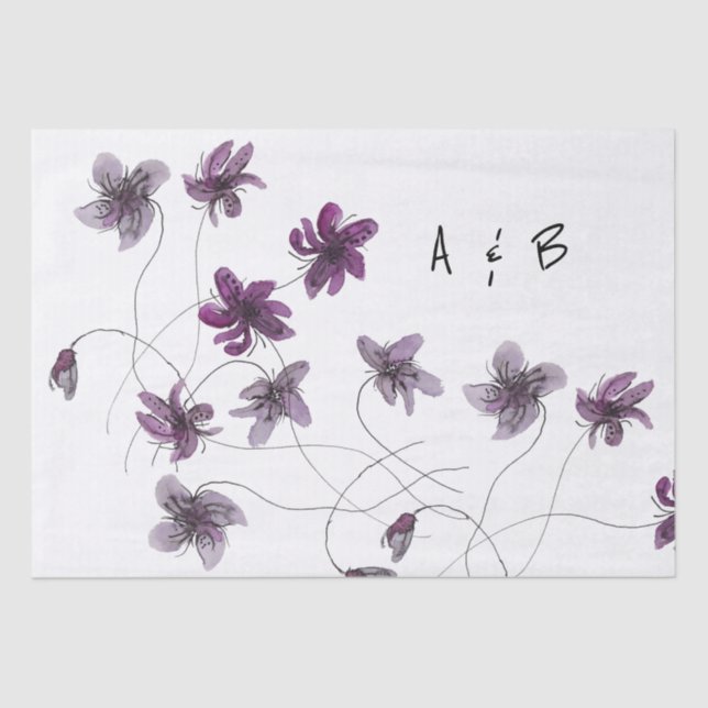 Wild Violets Watercolor Hand-painted Monogrammed Tissue Paper (Front)