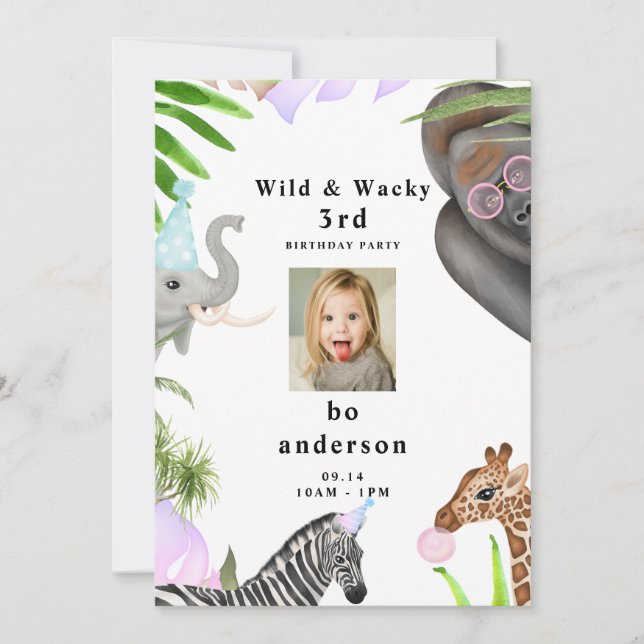 Wild & Wacky Jungle 3rdy Boy Photo Birthday Party  Invitation (Front)