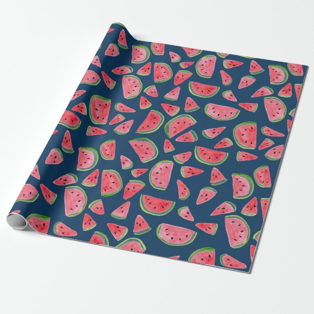 Wild watermelon on blue gift wrap watercolor (Unrolled)