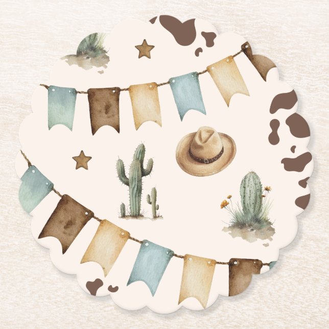 Wild West Boy First Rodeo 1st birthday party Paper Coaster (Front)