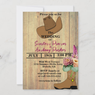 Wild West Country Western Boot & Hat Floral Weddin Invitation
