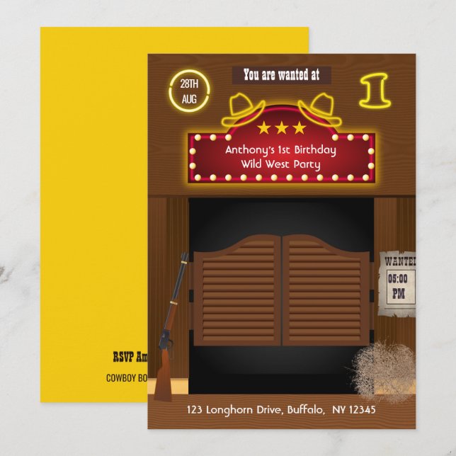 Wild West Cowboy 1st Birthday Party Invitation (Front/Back)