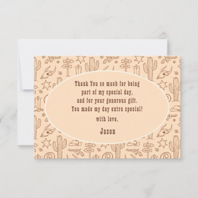 Wild west cowboy birthday kids thank you card (Front)