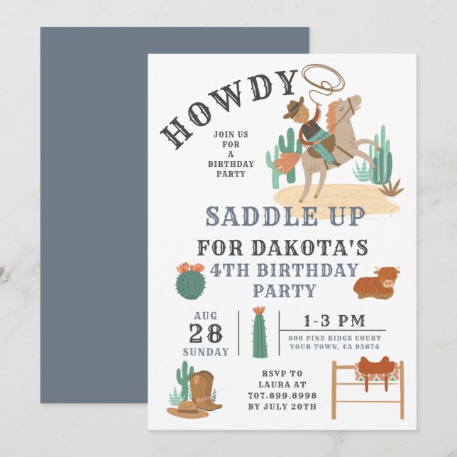 Wild West Cowboy Boy 4th Birthday Invitation (Front/Back)