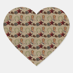 Wild West Cowboy Country Western on Burlap Pattern Heart Sticker