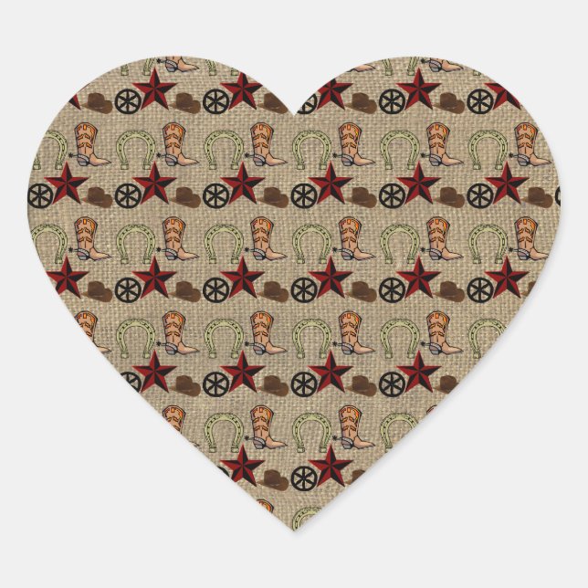 Wild West Cowboy Country Western on Burlap Pattern Heart Sticker (Front)