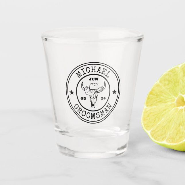 Wild West Cowboy Rustic Logo Customised Groomsmen Shot Glass (Front)