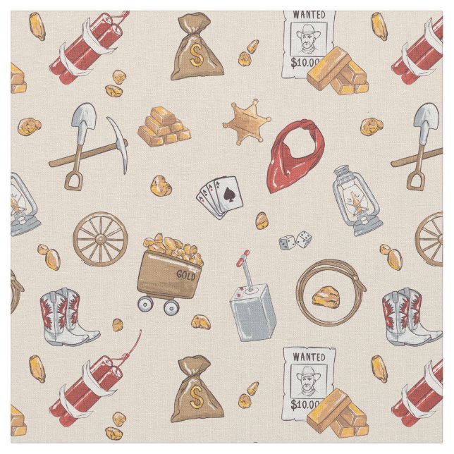 Wild West cowboy vintage gold mining Fabric (Close Up)