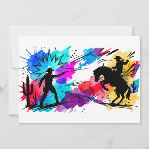 Wild West Cowboys Colourful Watercolor Art Invitation