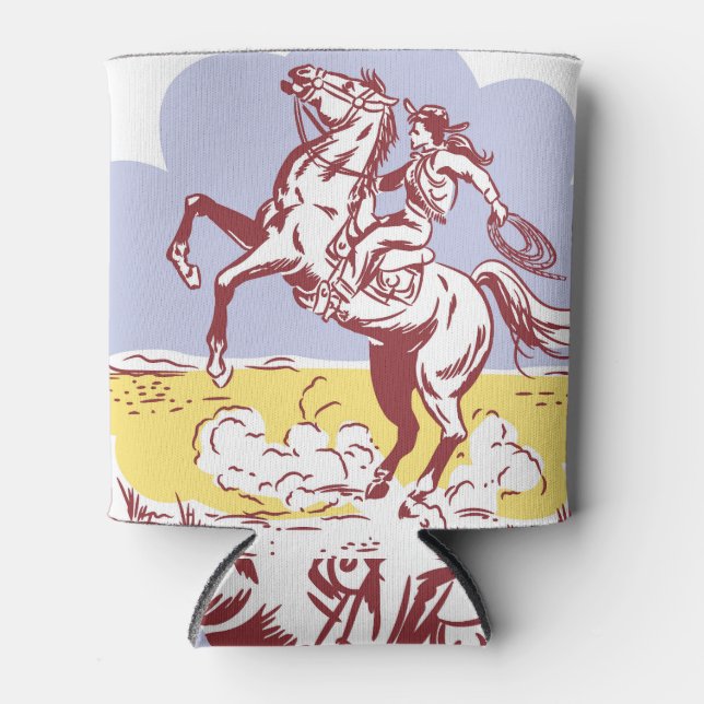 Wild West Cowgirl: Vintage Line Drawing. Can Cooler (Front)