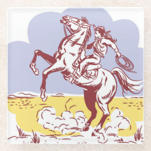 Wild West Cowgirl: Vintage Line Drawing. Glass Coaster