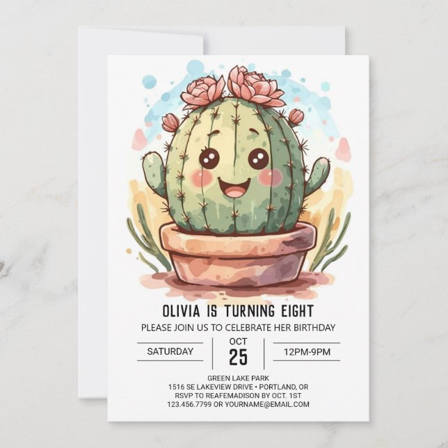 Wild West Elegant Watercolor Cactus Girl Birthday Invitation (Front)