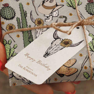 Wild West Happy Birthday Bull Skull Gift Tags
