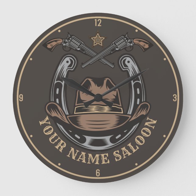 Wild West Revolver Horseshoe Western Cowboy Saloon Large Clock (Front)