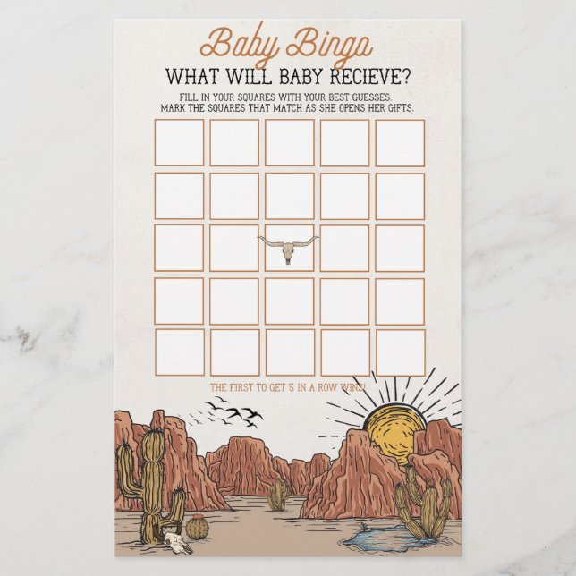 Wild West Rodeo baby bingo baby shower game (Front)