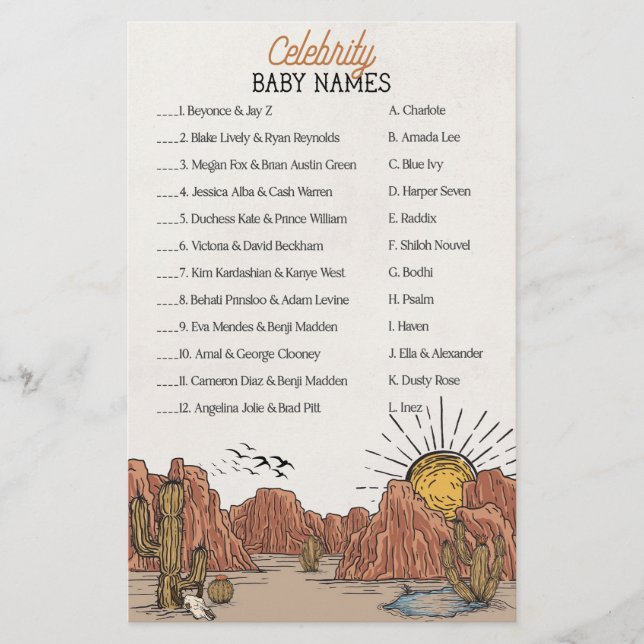 Wild West Rodeo celebrity baby names shower game (Front)