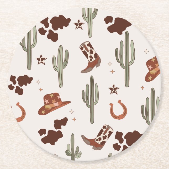 Wild West Rodeo Cowboy Cactus birthday party Round Paper Coaster (Front)