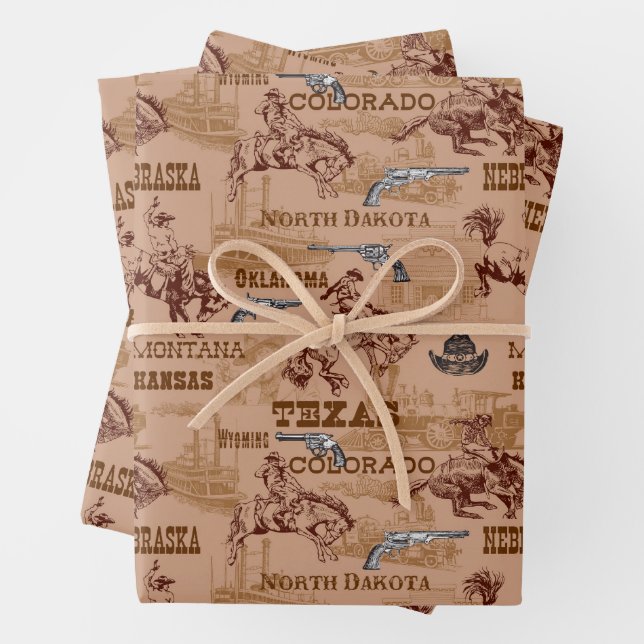 Wild West Rodeo Cowboys Broncos Six Shooters Wrapping Paper Sheet (In situ)