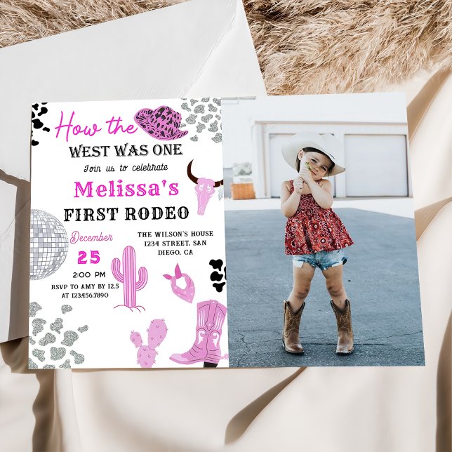 Wild West Rodeo Disco Pink Cowgirl Birthday Photo Invitation (Creator Uploaded)
