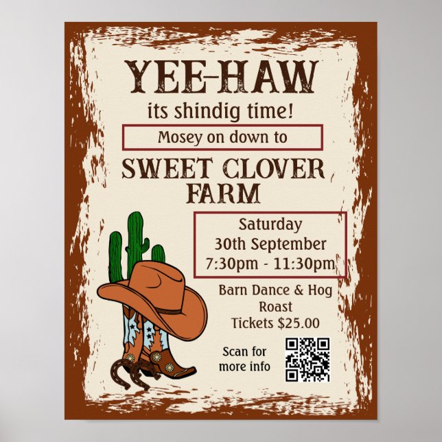 Wild West Rustic Cowboy Western Party QR Code Poster (Front)