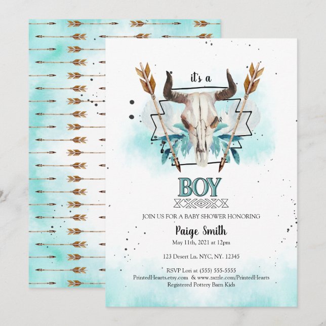 Wild West | Rustic Skull & Arrows Boy Baby Shower Invitation (Front/Back)