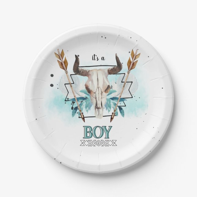 Wild West | Rustic Skull & Arrows | It's A Boy Paper Plate (Front)