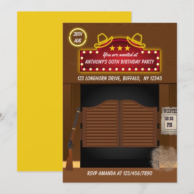 Wild West Themed Neon Birthday Party invitation (Front/Back)