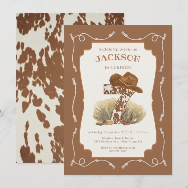 Wild West Western Cowboy 7th Birthday Party Invitation (Front/Back)