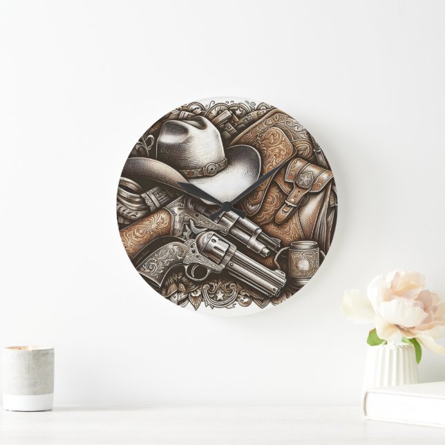 Wild West With Cowboy Hat and Guns Large Clock (Home)