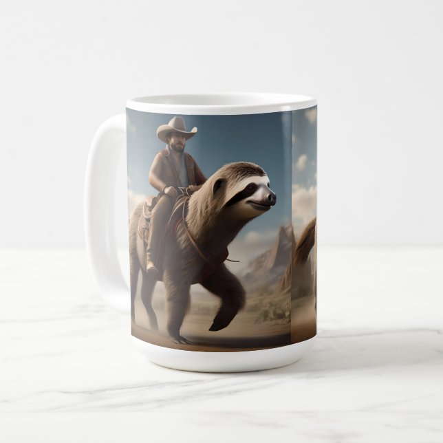 "Wild West Wonders: Cowboy Riding a Sloth Horse" Coffee Mug (Front Left)