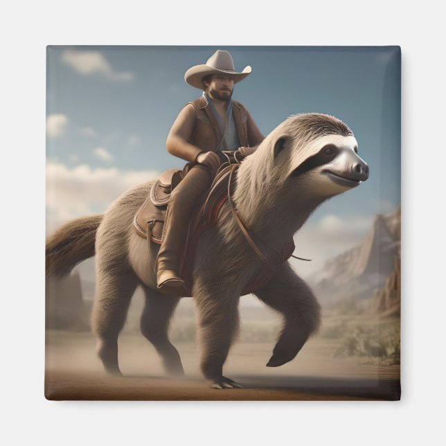 "Wild West Wonders: Cowboy Riding a Sloth Horse" Magnet (Front)