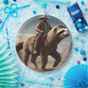 "Wild West Wonders: Cowboy Riding a Sloth Horse" Paper Plate