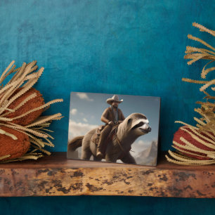 "Wild West Wonders: Cowboy Riding a Sloth Horse" Plaque