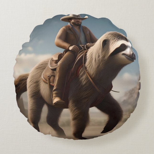 "Wild West Wonders: Cowboy Riding a Sloth Horse" Round Cushion (Front)