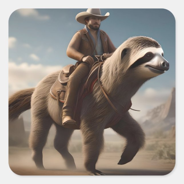 "Wild West Wonders: Cowboy Riding a Sloth Horse" Square Sticker (Front)