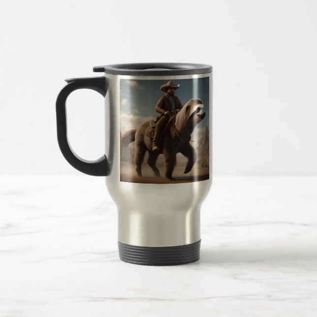 "Wild West Wonders: Cowboy Riding a Sloth Horse" Travel Mug (Left)