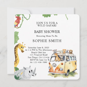Wild Wheels Safari Animal Camper Van Baby Shower Invitation
