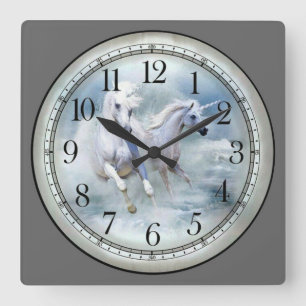 Wild White Horses Square Wall Clock