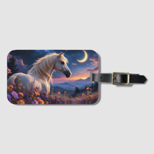 Wild White mustang Colourful flowers crescent moon Luggage Tag