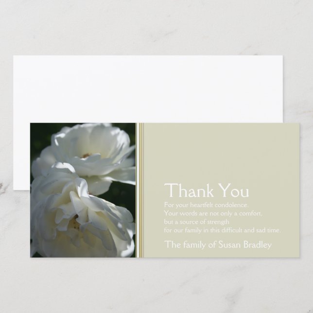 Wild White Roses 2 Sympathy Thank You Photo Card (Front/Back)