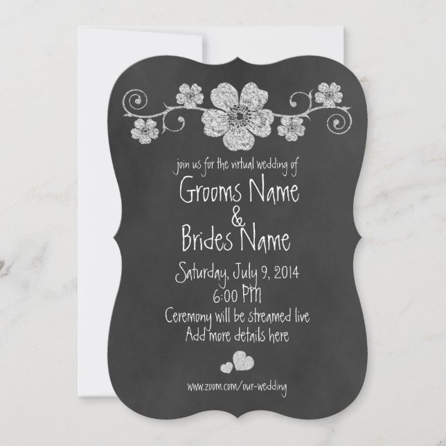 Wild White Roses Chalkboard Virtual Wedding Invitation (Front)