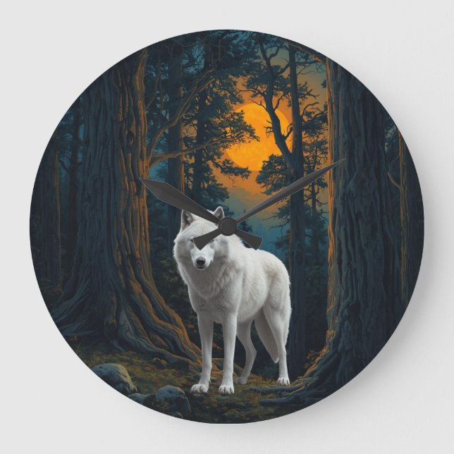 Wild White Wolf Under Moonlight Forest Animal Large Clock (Front)