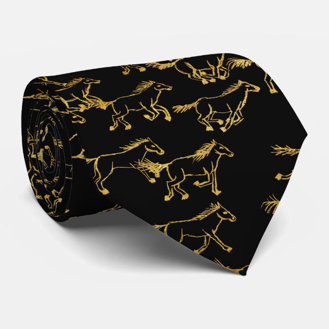 Wild Wild Horses Black and Gold Neck Tie (Rolled)