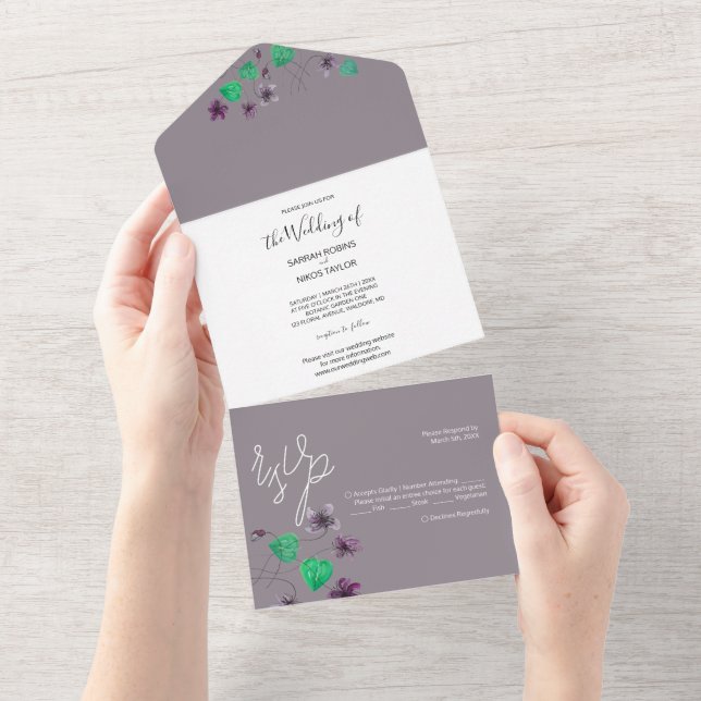 Wild Wiolets Watercolor Hand-painted All In One Invitation (Tearaway)