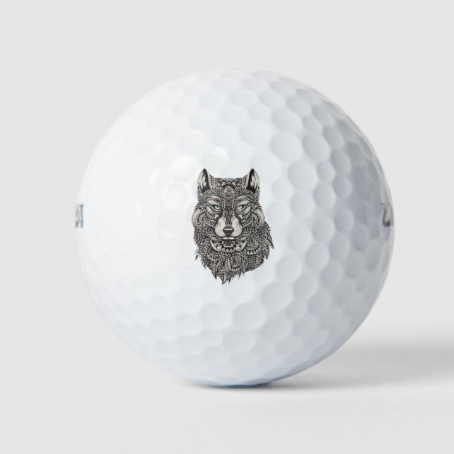 Wild Wolf Black Abstract Illustration Golf Balls (Front)
