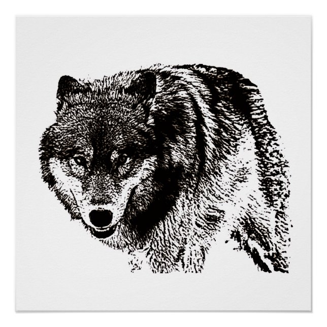 Wild Wolf Black & White Artwork Poster (Front)