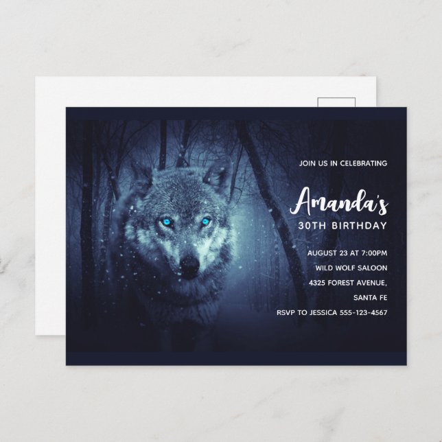 Wild Wolf with Beautiful Blue Eyes Birthday Invite Postcard (Front/Back)
