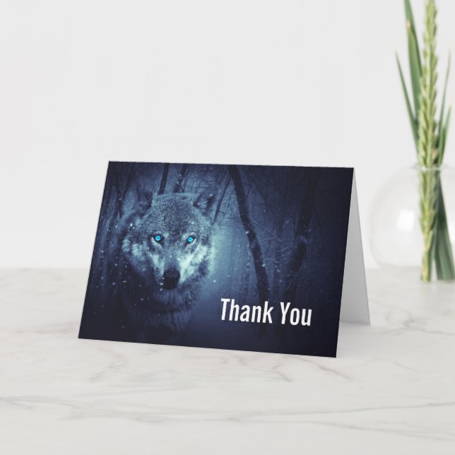 Wild Wolf with Beautiful Blue Eyes Thank You Card (Front)