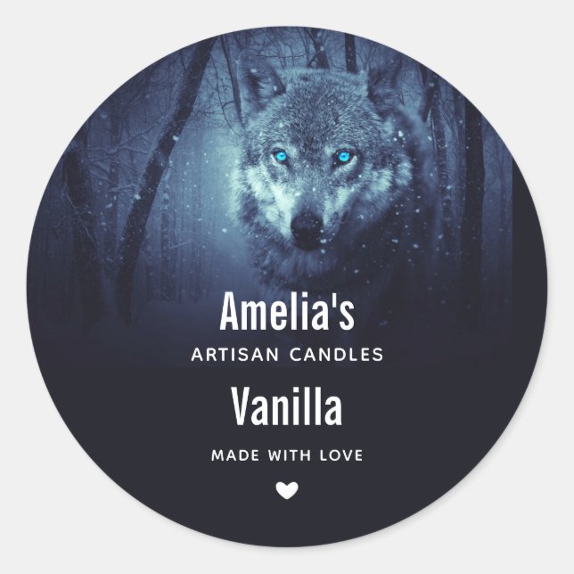 Wild Wolf with Magical Blue Eyes Candle Business Classic Round Sticker (Front)